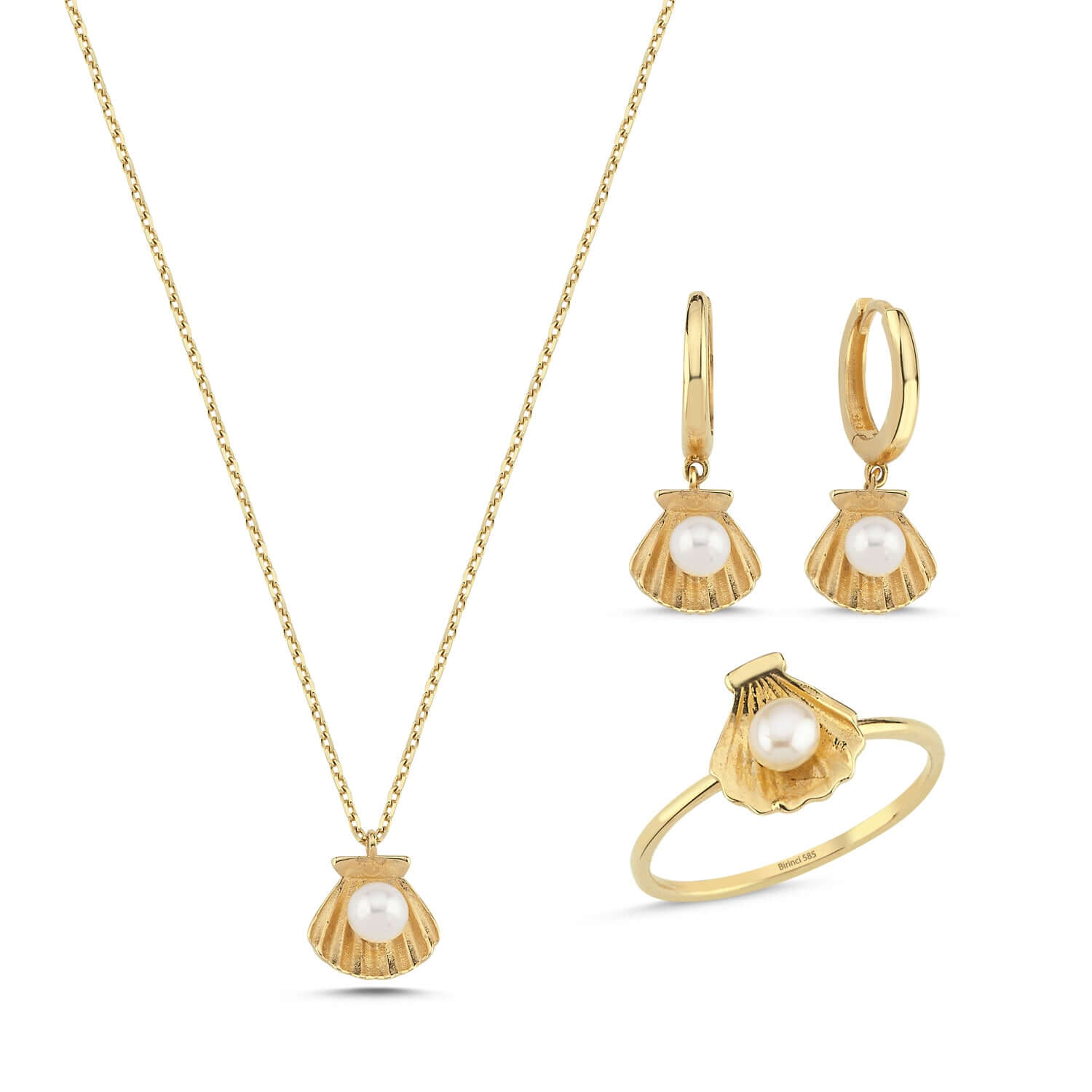 İstiridye Doğal İnci Küpe Kolye Yüzük Üçlü Set